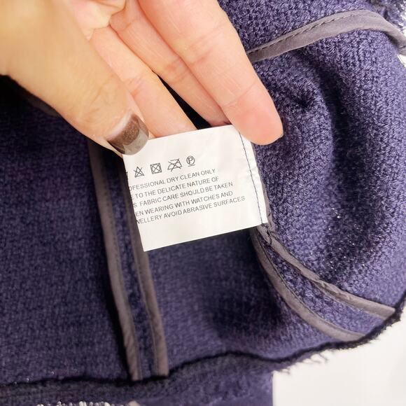 One Third S Navy Blue Tweed Fringe Trim Blazer Jacket 01 Zip Front Collarless - Picture 7 of 9